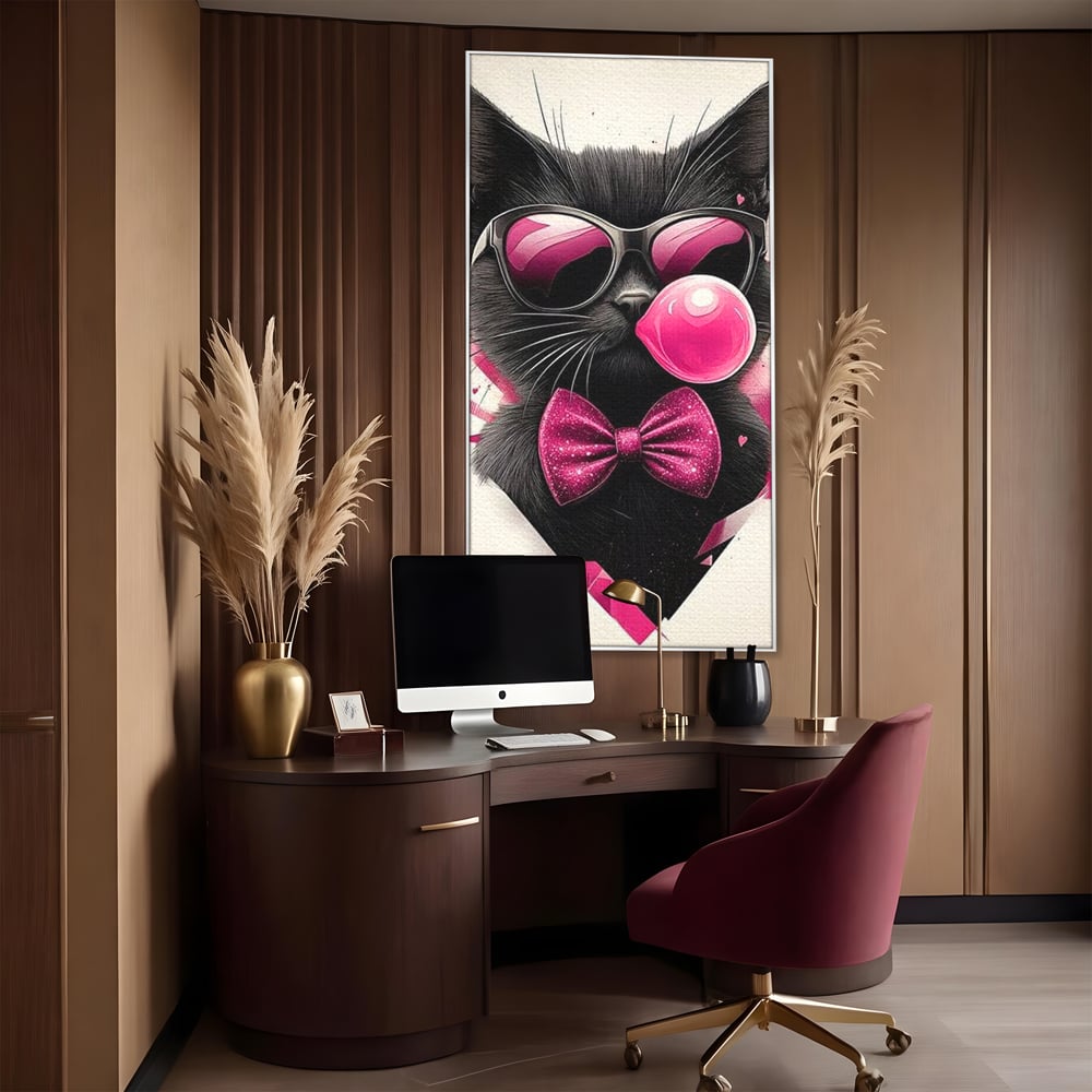 Tablou canvas cu ilustratie digitala cu pisica neagra, in rama de aluminiu argintiu, pe perete intr-un birou